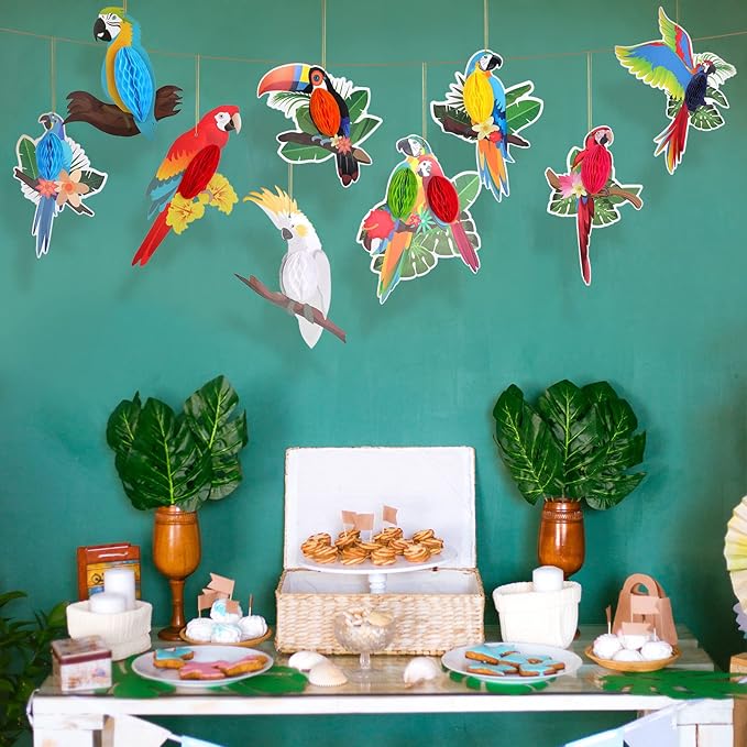 Spakon 9 Pieces Tropical Birds Honeycomb Paper Cutouts Rio Luau Party Hanging Decorations Rainforest Hanging Paper Birds Hawaiian Parrot Honeycomb Cutouts for Luau Party Decor