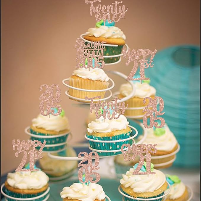 30PCS 21st Birthday Cupcake Toppers Glitter Twenty One Happy 21 Straight Outta 2005 Cupcake Picks for Cheers to 21 Years 21st Birthday Anniversary Party Decorations Supplies Rose Gold