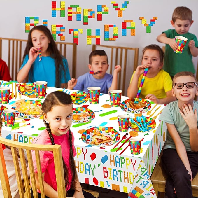 Gejoy 171 Pcs Building Block Birthday Party Supplies Tableware Kit Include Plates Cups Knives Forks Spoons Napkins Tablecloths Banner for Girls Birthday Party Decoration Serve 24 Guest (Classic Color)