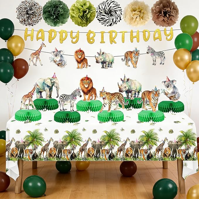 Safari Theme Party Decorations Animal Birthday Banner Jungle Tablecloth Centerpieces Hanging Swirl Decorations Animals Party Decorations for Wild Animals Party Supplies (Safari)