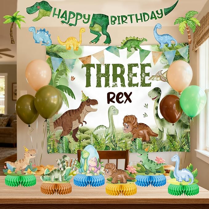 Three Rex Dinosaur Birthday Party Decorations, 3rd Birthdays Decoration for Boys Girls 3rex Dinosaurs Backdrop Honeycombs Balloons Banner Supplies for kids Dino Theme Party (Dinosaur)