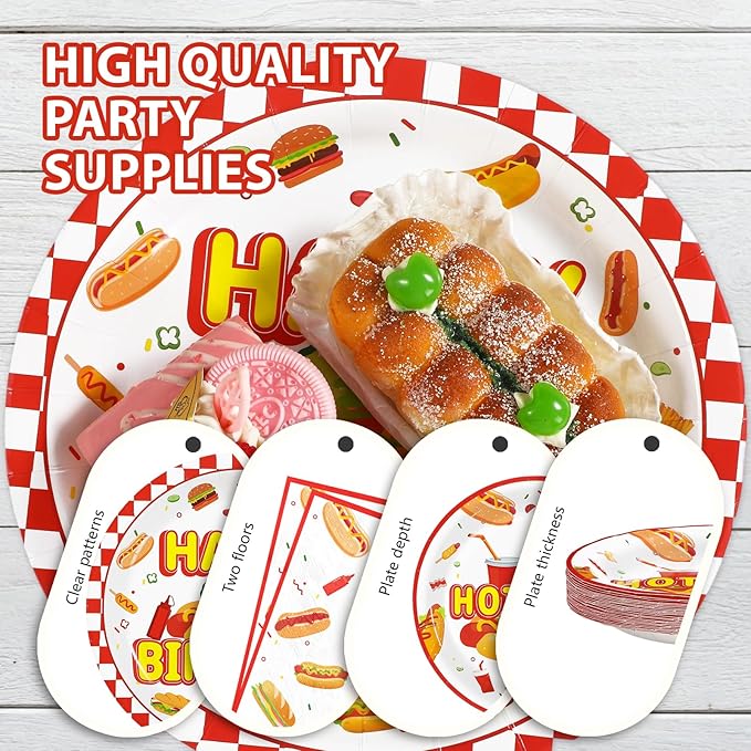Grencian 96Pcs Hot Dog Birthday Party Supplies Fast Food Party Plates and Napkins Disposable Hotdog Birthday Decorations Tableware Set for Adults Kids Picnic Baby Shower Sausage BBQ Serves 24
