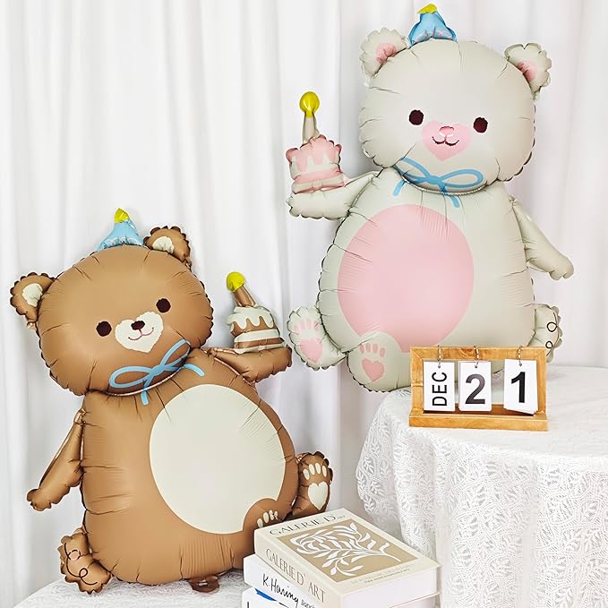 2PCS Matte Bear Animal Balloon With Hat Big Brown Bear Holding Birthday Candle Cake Bear Foil Balloon For Kids Jungle Safari Zoo Farm Birthday Theme Party Baby Shower Decoration