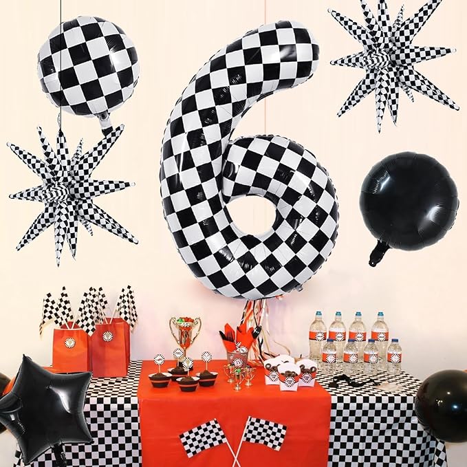 TONIFUL 40 Inch Checkered 6th Birthday Balloons Set Number 6 Race Car Black White Checkered Round Explosion Star Balloons Boys Race Car Themed Birthday Party Decoraction