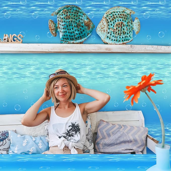 Kochorie 54 Inch x 100 Ft Ocean Waves Plastic Tablecloth Roll in Slide Cutter Box Under the Sea Table Cover Blue Water Print Backdrop Bulletin Board Plastic Roll for Beach Pool Birthday Party Decor