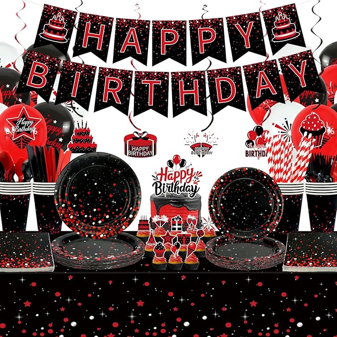 KEFAN Red Black Birthday Party Decorations, Red Black Theme Party Tableware Supplies including HAPPY BIRTHDAY Banner, Plates, Cups, Napkins, Tablecloth, Balloons, Serves 20