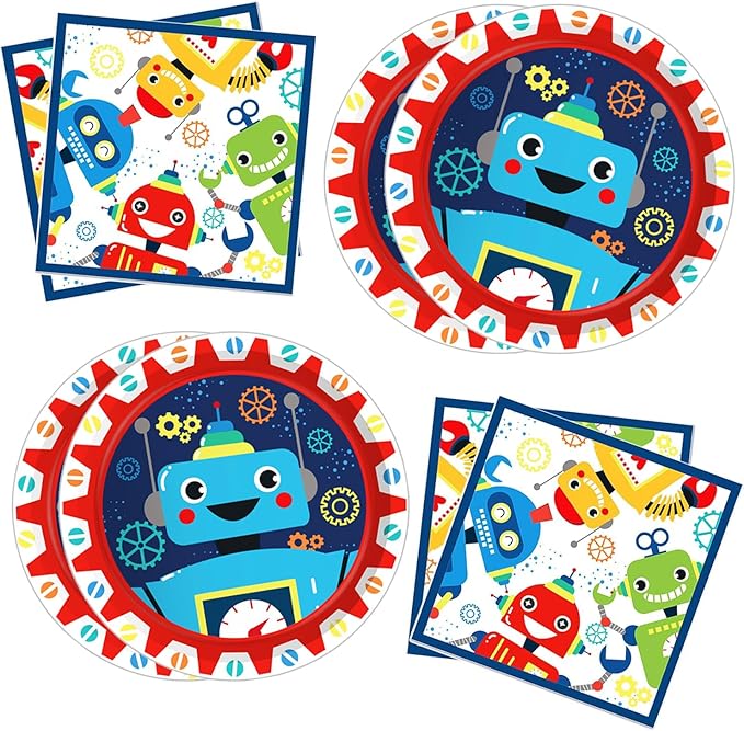 Robot Party Plates and Napkins for 24 Guests 64 Pcs Robot Birthday Party Supplies Disposable Tableware Set Robots Paper Plates Napkins for Robots Theme Birthday Party Supplies