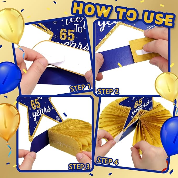 Spakon 8 Pieces Blue Gold 65th Birthday Table Decoration 65th Birthday Honeycomb Centerpieces Glitter Table Toppers Blue Gold Party Decoration for Men and Women Party Supplies