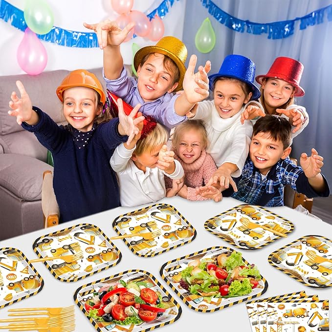 gisgfim Construction Birthday Party Supplies Construction Theme Decorations Square Truck Constructions Disposable Plates Napkins Tableware Set for Boys Kids Birthday Party Favors Serves 24 Guests
