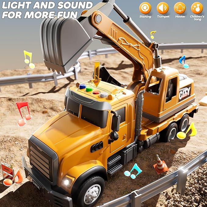 Excavator Toys for Boys Aged 3-5 4-6, Play Excavator with Light and Sound, Toy Truck Construction Vehicles Cars for Kids 2-4 4-7 Years Old, Birthday Gift for Girls Toddlers 1-3