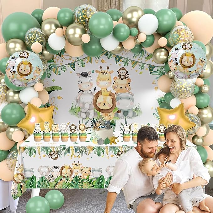 Sage Green Baby Shower Decorations for Girl Boy, Neutral Party Supplies - Green Balloon Arch Garland Kit, Animal Backdrop Tablecloth for Baby Shower Gender Reveal,Boy Girl Birthday Party decorations