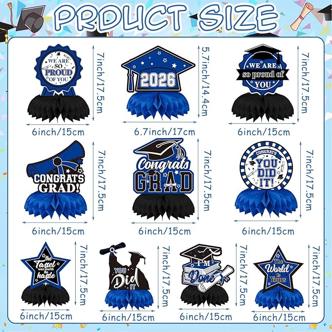 10 PCS Graduation Party Decorations Class of 2026,Blue and Black Congrats Grad Honeycomb Centerpiece Congratulate Graduation Table Topper Decor for Graduation Party Favor Supplies