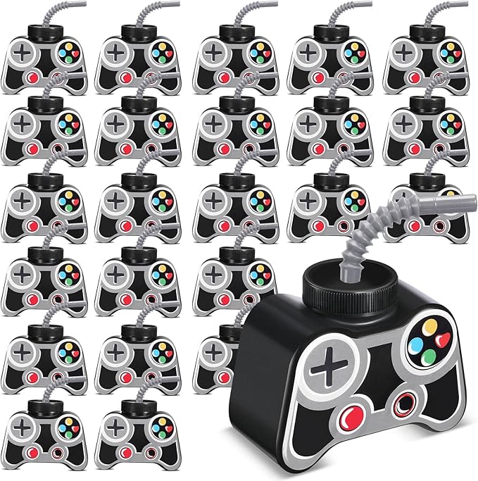 Mifoci 24 Pcs Plastic Video Game Party Cups with Straw and Lid 10oz Gamer Birthday Themed Drink Cups 7th Video Game Party Favors for Kids Toddlers Gamer Birthday Supplies (Gray)