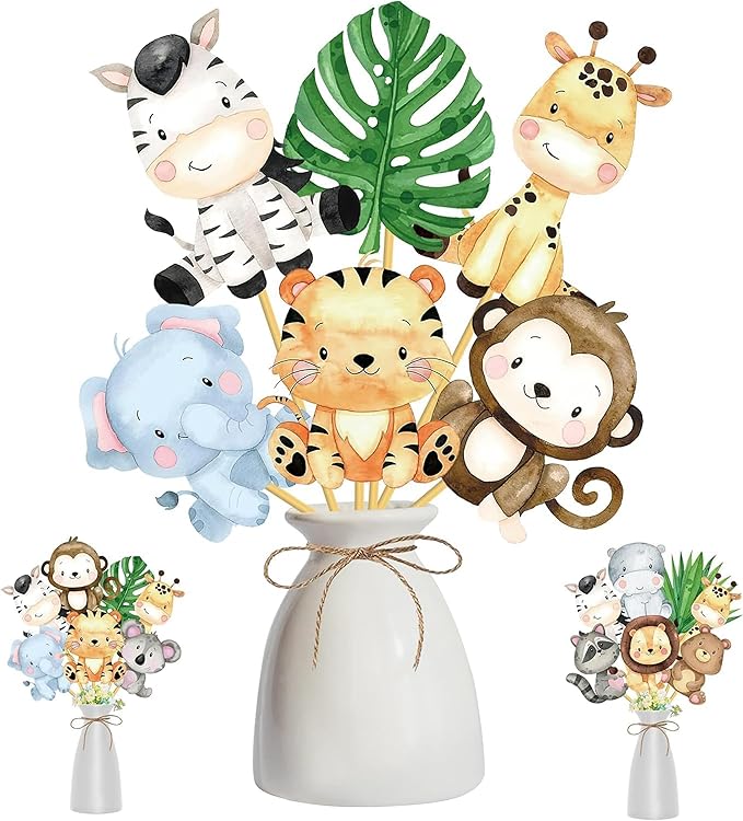 24Pcs Jungle Animals Centerpiece Sticks Safari Animal Table Toppers for Jungle Birthday Party Zoo Animals Baby Shower Supplies Safari Party Decoration