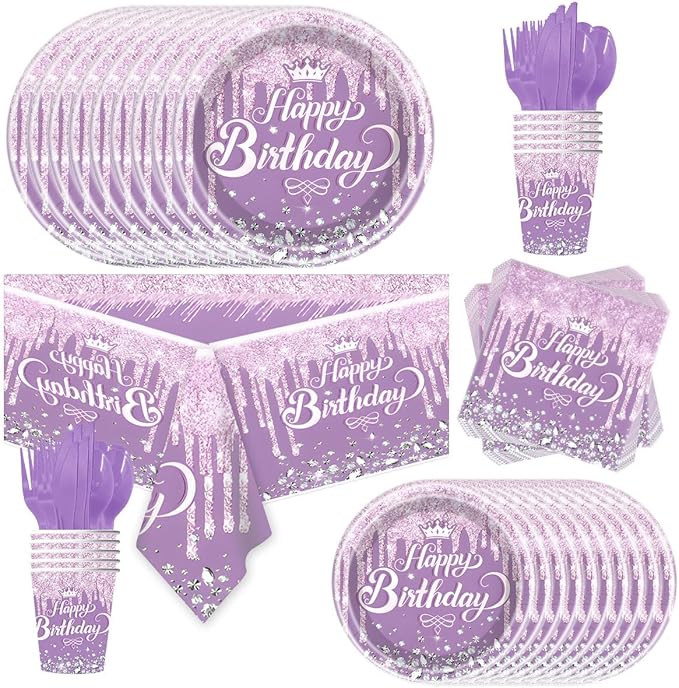 81Pcs Diamond Party Tableware Set Sparkling Diamonds Party Decoration for Girls and Women Birthday Party Supplies (Purple)