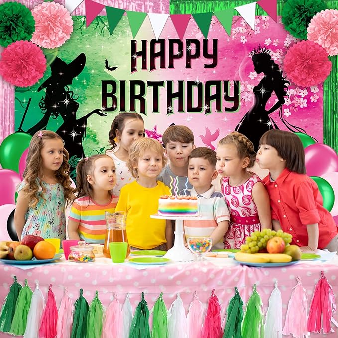 Pink and Green Birthday Party Decorations, Witch Themed Happy Birthday Backdrop Banner Balloons Paper Pom Poms Paper Tassel Foil Fringe Curtains for Girls Princess Birthday Party Supplies Decorations