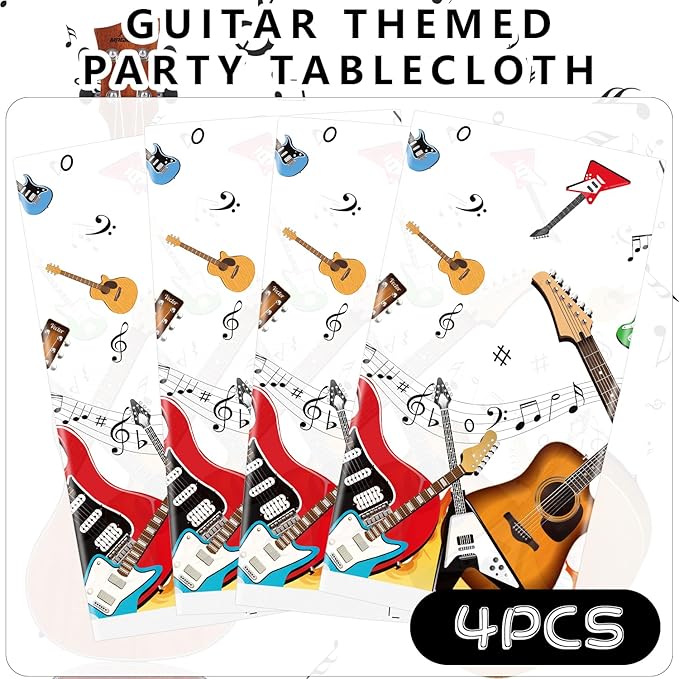 4 Pack Music Theme Party Tablecloth, Guitar Birthday Party Decorations for Rock Birthday Party Supplies 54 x 86 Inch