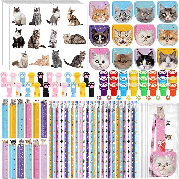 PerKoop 168 Pcs Cat Party Favors Set - Mini Notebook, Sticker, Stamp Stationery - Cat Themed Party Favor for Kitten Animal Birthday Decorations & Supplies