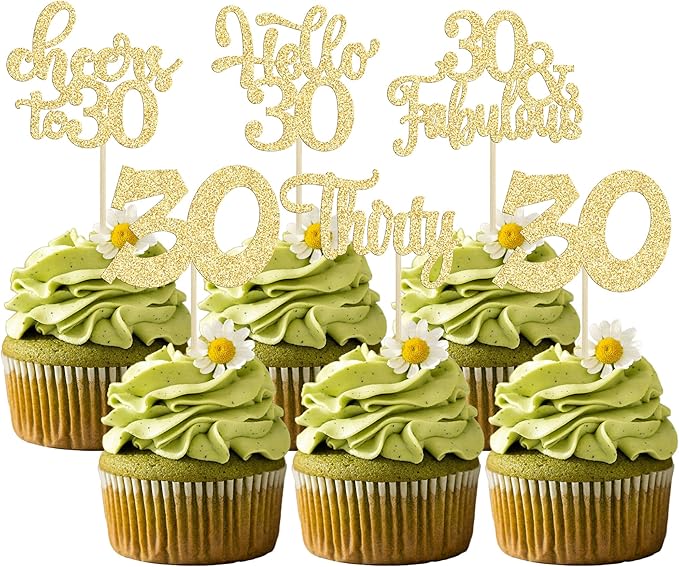30Pcs Happy 30th Birthday Cupcake Toppers Gold Glitter Thirty Cheers to 30 Birthday Cupcake Picks for Happy 30th Birthday Anniversary Party Cake Decorations Supplies