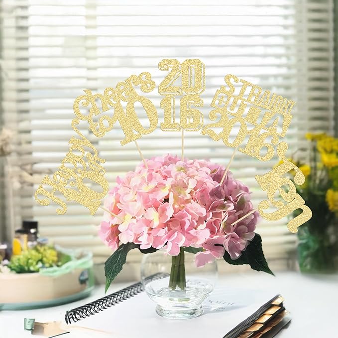 Gyufise 15Pcs Happy 10th Birthday Centerpiece Sticks Ten Straight Outta 2016 Table Flower Centerpieces Sticks Cheers to 10 Decorations for 10th Birthday Party Supplies Gold
