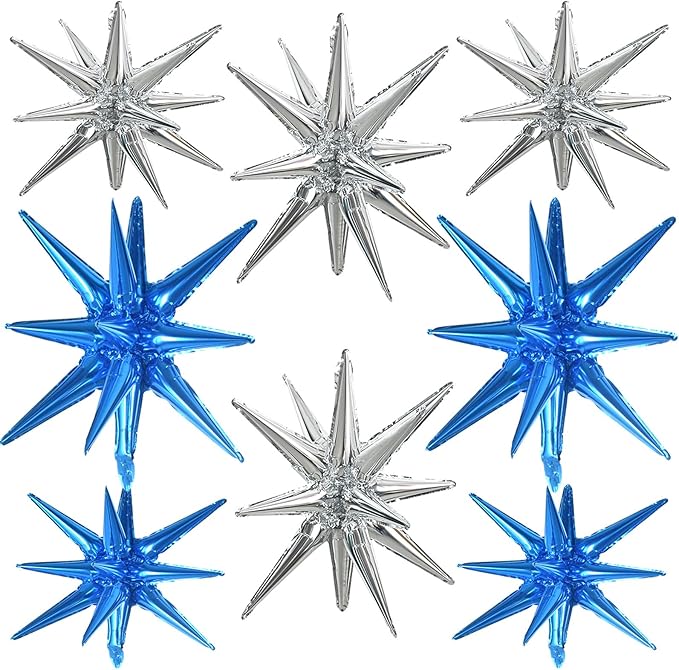 TONIFUL 8 Pcs Blue Silver Foil Balloons Large Star Balloons Explosion Star Mylar Balloons for Party Backdrop Christmas New Year Birthday Wedding Baby Shower Anniversary Photo Booth Supplies