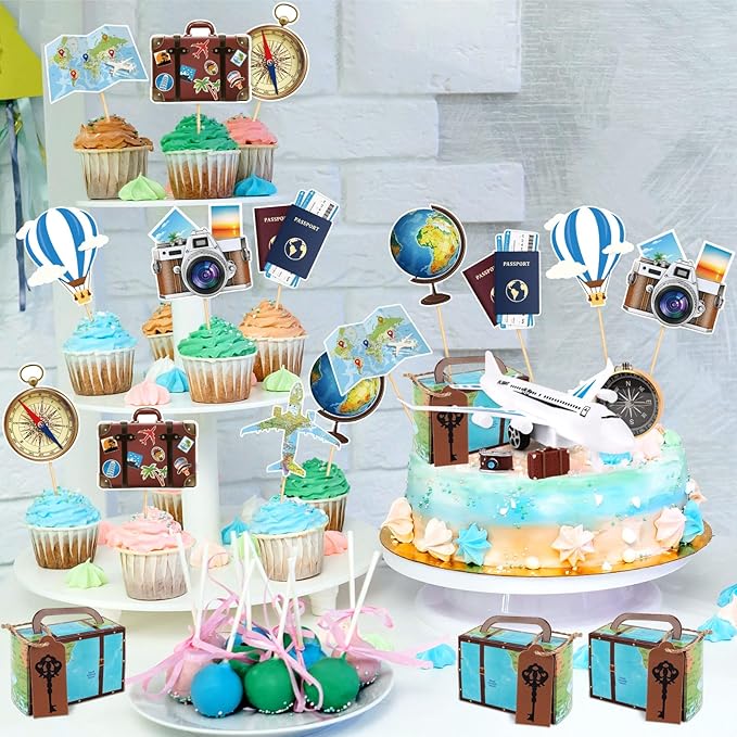 Hooqict 34 Pcs Travel Cake Topper with Mini Suitcase, Globe, Map, Airplane Cake Decorations for Travel Themed Party Decorations Let The Adventure Begin Around the World Party Supplies