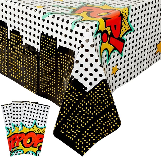 Blue Panda Comic Book Party Decorations Tablecloths 3-Pack - 54 x 108 in, Plastic & Cartoon Pattern - Disposable Birthday Table Cover for Boys - Comic Birthday Party Supplies