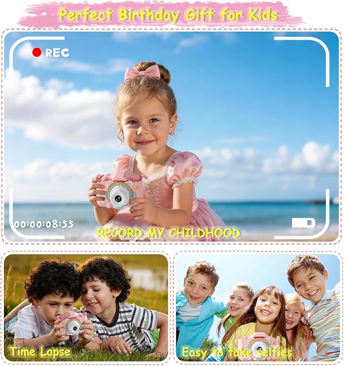 KOOMTOOM Digital Camera for Kids,HD 1080P Video Kids Camera Toddler Toys Gift for 3-12 Years Old,5 Games & Filters,32GB SD Card,Surprise Box Included (Pink)
