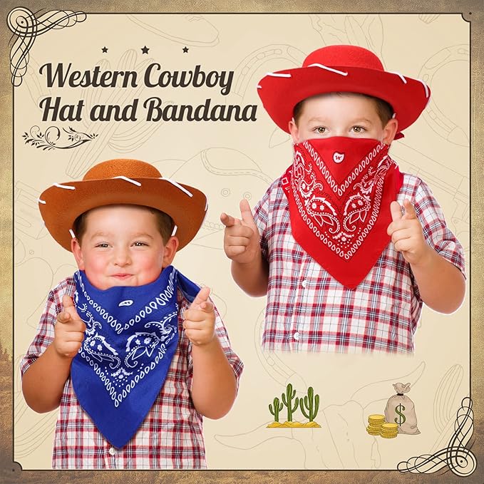 Unittype 18 Sets Cowboy Hats and Bandanas Bulk Kids Western Cowboy Costume Accessories Kids Party Supplies