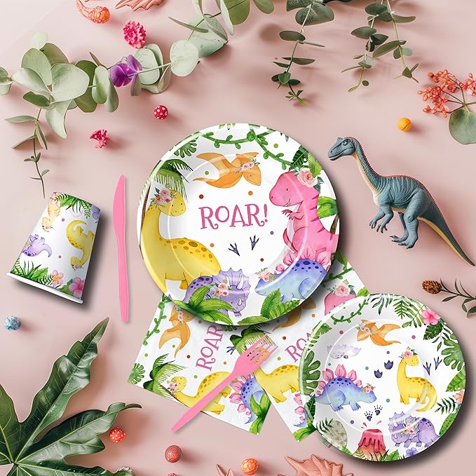 Dinosaur Party Decorations Tableware For Girl Birthday Baby Shower, Pink Dino Dinosaur Birthday Party Supplies, Paper Plate, Cup, Napkin, Disposable Fork , 24 Guests