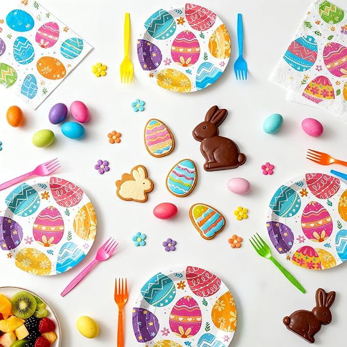 100 Pcs Easter Egg Tableware Party Supplies Set, Serves 25 – Disposable Colorful Eggs Paper Plates, Napkins, and Forks for Spring Celebration, Easter Day Egg Hunt, or Holiday Brunch Decorations