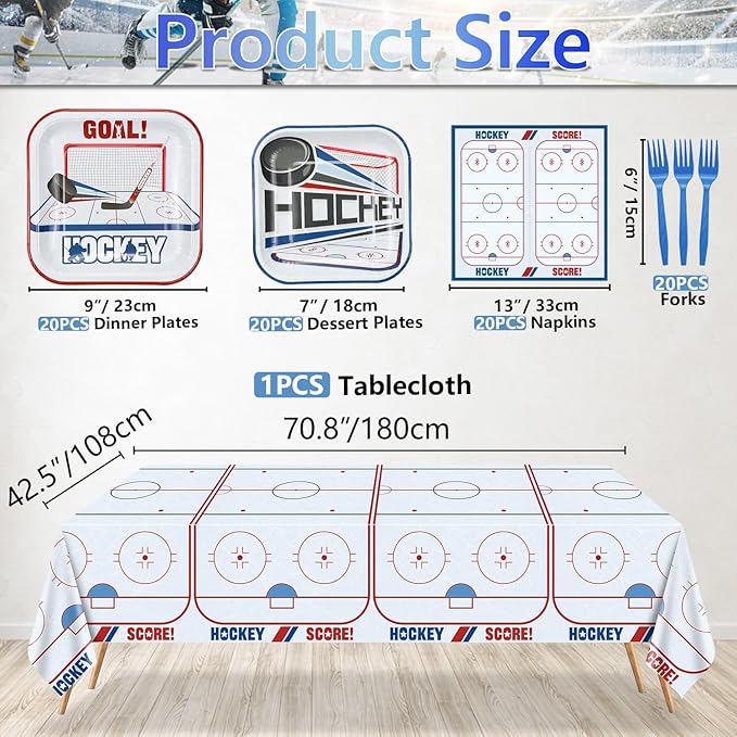 Hockey Birthday Decorations - 81Pcs Tableware Pack, Disposable Hockey Theme Plates, Napkins, Tablecloth for Kids Fans Sports Birthday Party Supplies, Serve 20