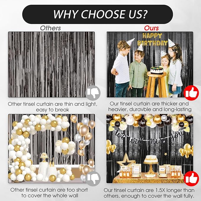 3 Pack 3.3 x 9.9 ft Black Foil Fringe Backdrop Curtain, Streamer Backdrop Curtains, Streamers Birthday Party Decorations, Tinsel Curtain for Parties, Galentines Decor, Preppy, Photo Booth