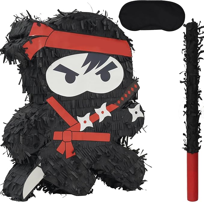 Ninja Pinatas Bundle with a Blindfold and Bat (16.5x12.6x4 Inches), Perfect for Birthday Parties, Theme Parties for boys, Decorations