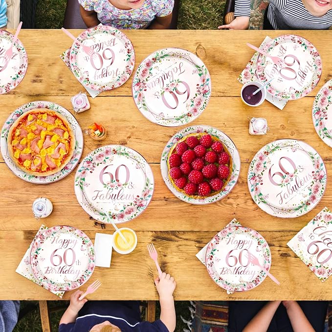 96Pcs 60th Birthday Decorations for Women Floral 60th Birthday Party Plates and Napkins Disposable Rose Gold 60 Fabulous Tableware Sets for Women 60 Years Old Party Supplies Serves 24