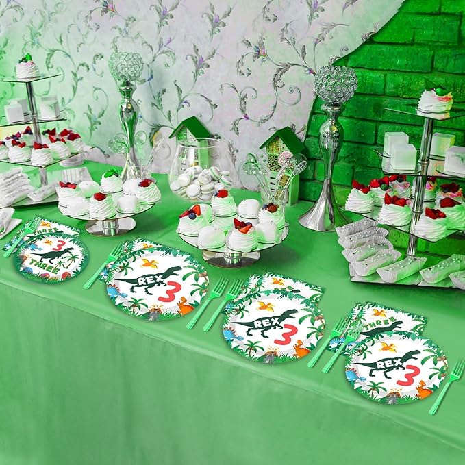 96 Pieces Dinosaur 3rd Birthday Supplies for 3 Rex Birthday Tableware Set 3 T-Rex Dinner Disposable Plates 3 Year Old Party Plates Napkins Forks For Boys Kids Three Dino-Rex Party Favor 24 Guests
