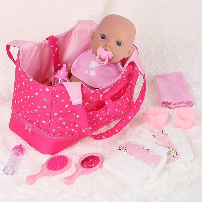 Baby Doll Accessorie, 13 Pcs Doll Stuff Acessories Storage Diaper Bag Set for 14-18 Inch Dolls, Feeding and Caring Set Includes Diaper, Bottle etc Suitable Pretend Play