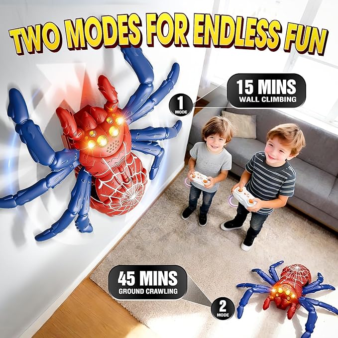 Wall Climbing Spider Remote Control Toy, Rechargeable RC Creepy Crawler with Glowing Eyes for Walls & Ceilings, Prank Halloween Birthday Gift for Kids Boys Girls Ages 3+ (Red)