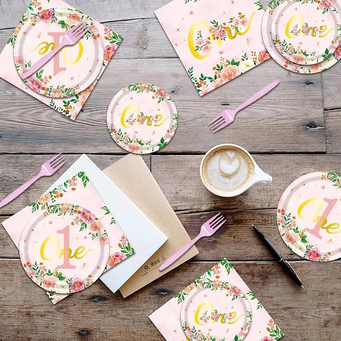96PCS 1st Birthday Party Supplies Tableware Kit for 24 Guests pink Birthday Party Decorations Theme Party Table Supplies Pack Includes Plates ,Napkins, plastic forks