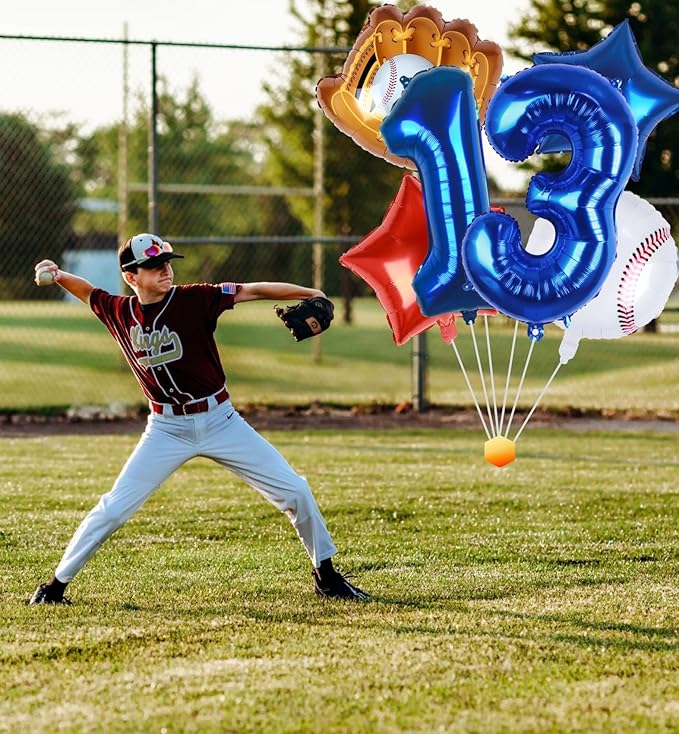 Baseball Balloons 13th Birthday Decorations for Boy, Baseball Birthday Decoration Threenager Sports Theme Party Supplies, 32Inch Foil Mylar 13 Balloon Navy Blue Red White Sports Balloon Arch Kits