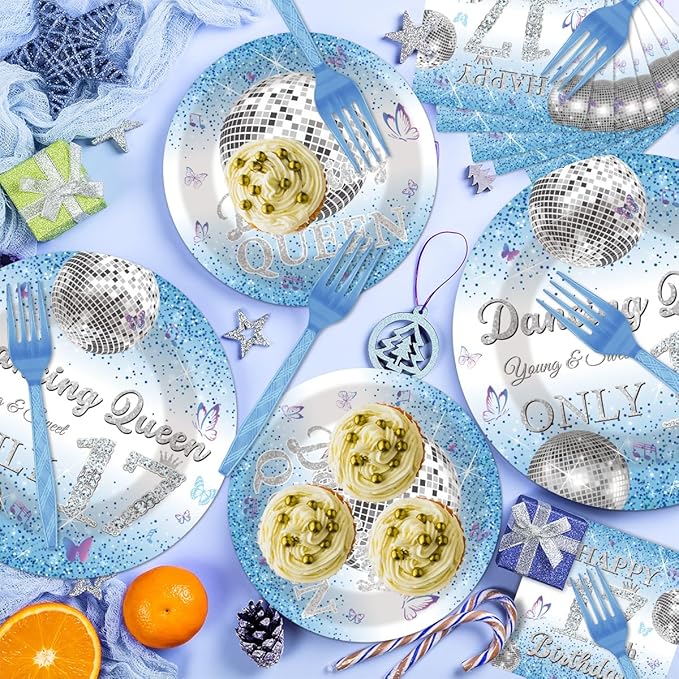 96Pcs Dancing Queen 17th Birthday Disposable Tableware Set - Dancing Queen Happy 17th Birthday Paper Plates Napkins Forks Blue Disco 17 Years Old Party Supplies Serve 24 Guests