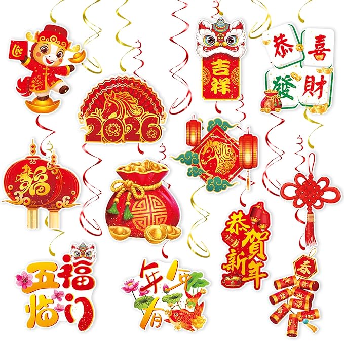 2026 Chinese New Year Hanging Swirls, 30Pcs Lunar New Year Ceiling Streamers Spring Festival Swirls for Chinese Horse Party Hanging Decorations