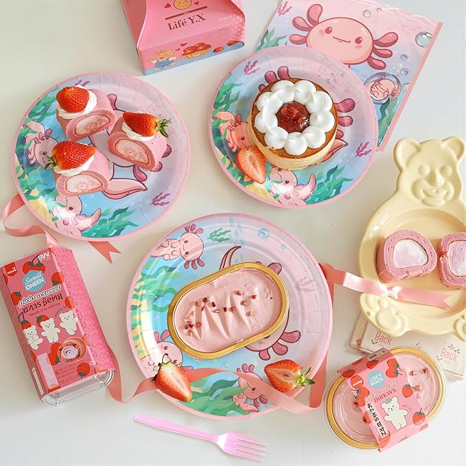 96Pcs Axolotl Birthday Decorations Pink Cartoon Animals Paper Plates and Napkins and Forks for 24 Guest Picnic Baby Shower Kids Birthday Party Supplies