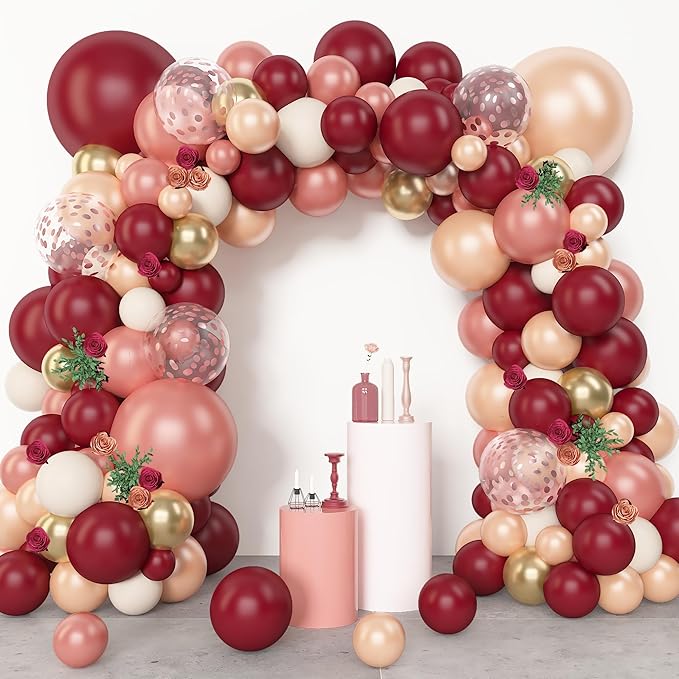 Amandir 153pcs Burgundy Balloons Arch Garland Kit, Different Sizes 18 12 10 5 Inch Pearl Champagne Rose Gold Confetti White Sand Maroon Balloon for Wedding Birthday Bridal Valentines Party Decorations