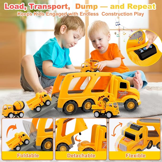Nicmore Construction Truck Toddler Toys Car: Toys for 1 2 3 4 Year Old Boy 5 in 1 Carrier Toys for Kids Age 1-3 2-4| 18 Months 2 Year Old Boy Christmas Birthday Gifts