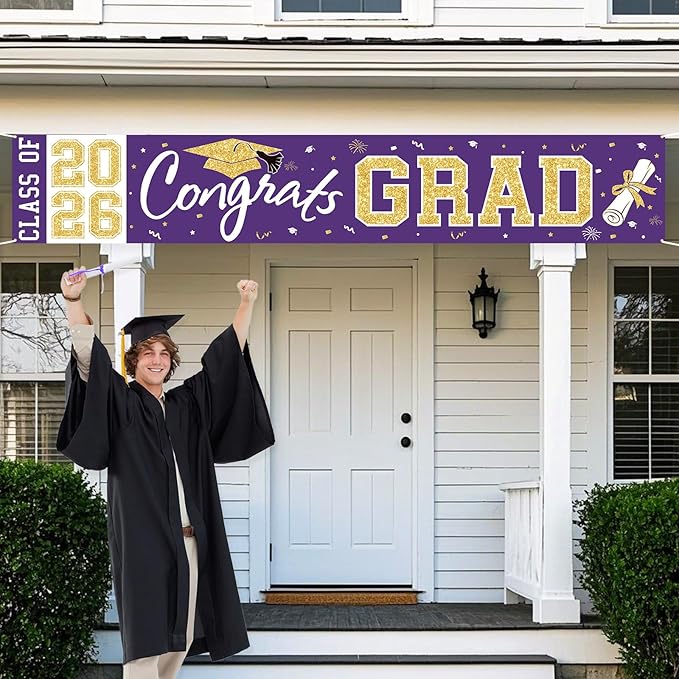 Graduation Banner Class of 2026 - Large Congrats Grad Yard Sign 2026 Purple Gold Congrats Grad Banner Fence Yard Sign for Graduation Decorations Party Supplies