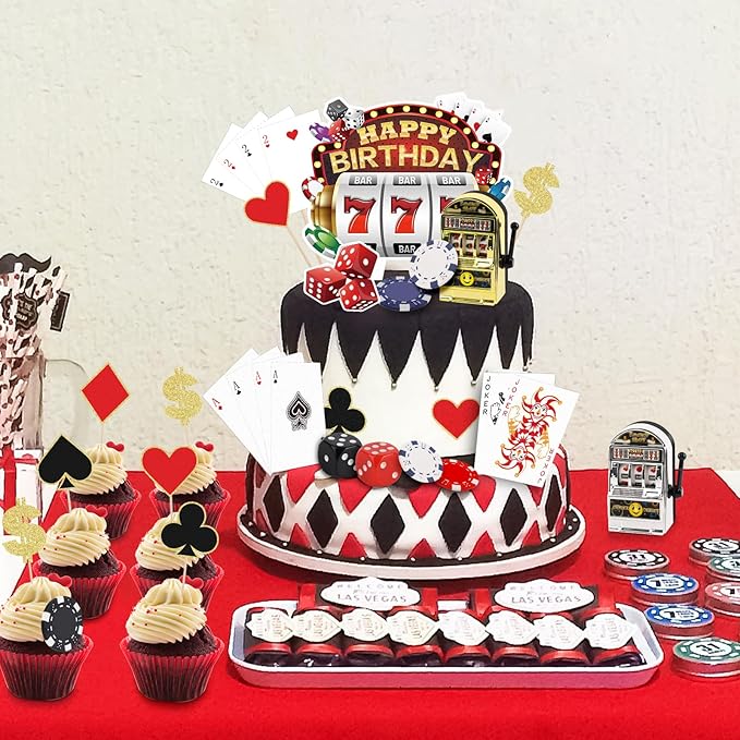 Hooqict 24 Pieces Casino Cake Decorations Set with Mini Toy Slot Machine Poker Casino Cake Toppers & Cupcake Toppers for Las Vegas Casino Night Theme Birthday Party Decorations