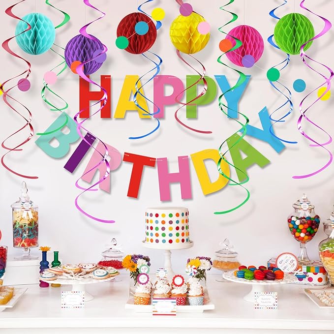 Colorful Birthday Decorations Kit - 16-Piece Set with Pre-Strung Happy Birthday Banner, Honeycomb Balls, Garland & Swirls | Rainbow Theme Party Supplies for Women Men Kids, Teens Adults