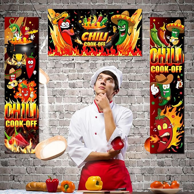 Moukeren 3 Pcs Chili Cook off Decorations 47.24 x 11.81 Inch Chili Cook off Hanging Porch Sign Hot Pepper Contest Banner 39.37x19.69 Inch Mexican Fiesta Cooking Party Supplies