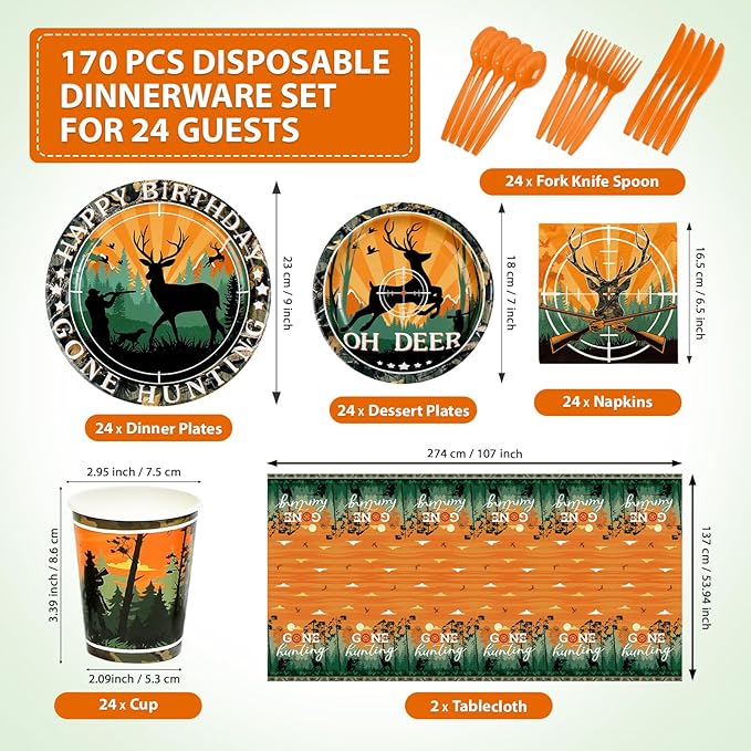 170Pcs Hunting Camo Party Decorations Oh Deer Hunting Birthday Plates Napkins Cups Forks Knives Spoons Tablecloths Hunting Theme Birthday Tableware Set for Kids Outdoor Camping Party Supplies Serves24